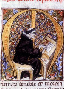 Fra Pietro di Pavia (Frere Pierre de Pavia), copyist at work ("M"). Manuscrito do século XIV. de Unknown artist
