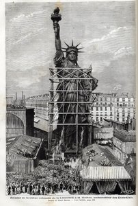 França, Paris, Entrega da Estátua da Liberdade ao embaixador dos Estados Unidos - Embalagem da estátua da Liberdade feita por Frederic Auguste Bartholdi (1834-1904) no andaime para transportá-la de Paris para a América de Unknown artist
