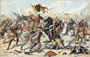 Guerra Franco-Inglesa (1202-1214): a Batalha de Bouvines em 27/07/1214 entre o exército francês de Philippe Auguste e os flamengos e galeses de Othon IV. A vitória francesa foi decisiva para o resultado da guerra. Século XIX. Paris, Musee de l