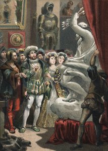 François I (1494-1547), Rei da França, no escultor italiano Benvenuto Cellini (1500-1571) gravura de 1881 em "El Culto de la Hermosura" de Juan Justo Huguet, Molinas Hermanos editores de Unknown artist