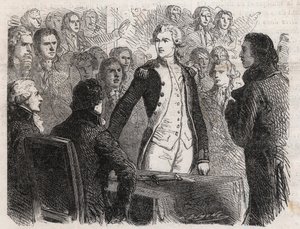 Revolução Francesa: General Gilbert du Motier de La Fayette (1757-1834) renunciando ao comando da Guarda Nacional - Gravação no "Le Monde Illustré". de Unknown artist