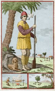 Buccane francês de Santo Domingo (Haiti). Gravação em "Histoire des Aventurers Flibustiers et Boucaniers Signales Dans Les Indes" de Alexandre Olivier Exquemelin (1645-1710). de Unknown artist