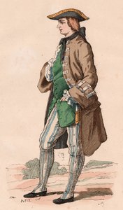Cavalheiro francês em traje de caça, vestindo casaco, colete e chapéu tricorn com um punhal no seu lado durante o século XVIII (gravura a cores) de Unknown