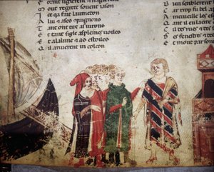 Comerciante francês em Veneza. Miniatura do "Roman de Troy" de Benoit de Saint Maure. Século XIV Biblioteca Marciana, Veneza. de Unknown artist