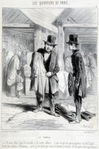 Fripier do bairro do templo em Paris a tentar vender roupa a um homem. Gravura do século XIX. de Unknown artist