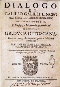 Frontispício do "Diálogo sobre os Dois Grandes Sistemas do Mundo" (dialogo sopra i due massimi sistemi del mondo) encomendado pelo Papa Urbano VIII ao astrônomo e físico Galileu Galilei dit Galilee (1564-1642) por volta de 1620 e publicado em 1632. É de Unknown artist