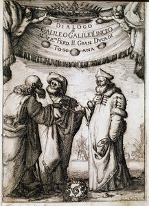 Frontispício do "Diálogo sobre os Dois Grandes Sistemas do Mundo" (dialogo sopra i due massimi sistemi del mondo) encomendado pelo Papa Urbano VIII ao astrônomo e físico Galileu Galilei dit Galilee (1564-1642) por volta de 1620 e publicado em 1632. É de Unknown artist