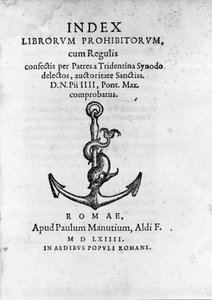 Frontispice do Index Librorum Prohibitorum (Índice de Livros Proibidos ou Index Exurgatorius) publicado em Roma em 1564. Ele lista livros que os católicos romanos não estavam autorizados a ler. de Unknown artist
