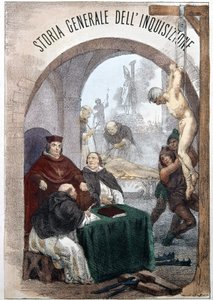 Frontispício da História Geral da Inquisição de Pietro Tamburini com uma ilustração que retrata cenas de inquisição simbólica. Milão 1850. de Unknown artist