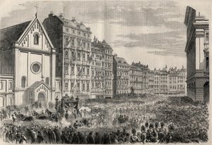 Funeral do Imperador Maximiliano I do México (1832-1867): chegada do cortejo fúnebre em frente à Igreja dos Capuchinhos de Viena. Gravura em "L