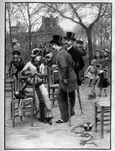 Conversa galante entre dois homens e uma jovem mulher, todos muito elegantes, no Tuileries Garden em Paris, durante o verão. Gravação no "Le Monde Illustré". de Unknown artist