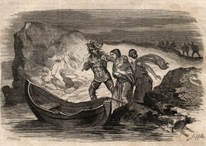 Guerras Gálicas, 58-51 AC. Vitória romana sobre as tribos alemãs sob Ariovistus - Ariovistus forçado a recrutar o Reno - Arioviste force de iron the Rhine - gravura em "Dictionnaire populaire illustrious" - 1864 - por Joseph December e Edmond Allonier de Unknown artist
