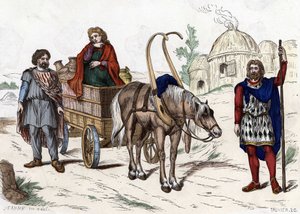 Habitação gálica, mulher, camponesa, carruagem, agricultor rico, arreios - em "Les Costumes civil et militaires des Français dans travers les siècles Paris F. Roy 1882". de Unknown artist