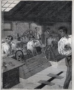 Douradura galvânica: raspador-boessage de jóias de ouro com raspador-boessage. Gravura de 1885 em "Les arts et metiers illustres" de Adolphe BITARD. de Unknown artist