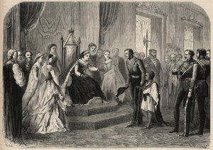 O General Robert Cornelis (Cornelius) Napier (1810-1890) apresentou Leul Alemayehou Tewodros (1861-1879), filho do negus etíope Theodoros II (Tewodros), à Rainha Victoria Iere (1819-1901). Gravura em "O Universo ilustre". de Unknown artist