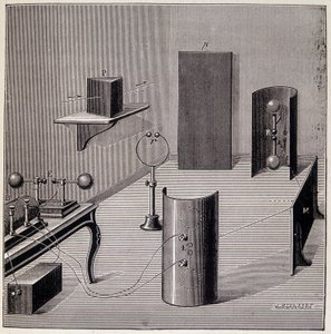 Layout geral das experiências de Heinrich Hertz (1857-1894) sobre ondas elétricas - em "Physique populaire" de Emile Desbeaux, Flammarion de Unknown artist