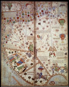 Mapa geográfico: China, Vale do Ganges, Sumatra, Ceylan. Atlas Catalão (mapa da Catalunha) (Espanha). Manuscrito de 1375 (Folio 2v - folio 3) por Abraham Cresques. BN, Paris. de Unknown artist