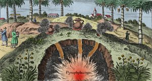 Geologia: cortar a casca da terra, explicando a saída do fogo da terra. Gravura de "Mundi Mirabilis Oeconomia" de Johann Zahn (1631-1707) de Unknown artist