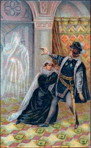 Gertrudes, Hamlet e o fantasma do pai de Hamlet. Em "Hamlet", de William Shakespeare. Cromolitografia do final do século XIX. de Unknown artist