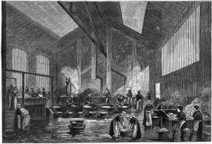 Oficina de triagem de vidro, rue de Crimee, em Paris. Gravura em "La Nature: Revue des sciences et de leurs applications aux arts et a l