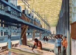 Mineração de ouro. A moagem do minério no pote é lavada com grande água e depois passa sobre as placas de cobre para separar o ouro dos outros materiais. Cromolitografia do final do século XIX. de Unknown artist