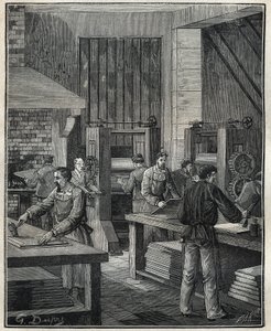 Ourivesaria: preparação da chapa, preparação do metal para a execução de uma prataria especial. Gravura a partir de 1885 em "Les arts et metiers illustres" de Adolphe BITARD. de Unknown artist