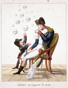Desapareceu com o vento: Napoleão fazendo bolhas de sabão da Toscana, Suíça, Holanda, Nápoles, Roma, Espanha e Europa - em "Napoleão 1, caricaturas, coleção de bonecos", c. 1814 de Unknown artist