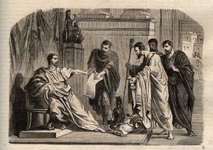 Gordian I (158-238) recusando a dignidade imperial - Gordian I (Marcus Antonius Gordianus Sempronianus Romanus Africanus) recusou a dignidade imperial - gravura em "Dictionnaire populaire illustrious" - 1864 - de Joseph Decembre e Edmond Allonier - de Unknown artist