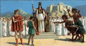 Grandes Tragédias Gregas: "A Orestia", de Ésquilo. Oreste apareceu perante o Areópago ou Supremo Tribunal de Atenas, presidido pela deusa Pallas Athene ou Minerva, assistida por Apolo. À direita estão os Eumenides (as três fúrias). Orestie está ausente. de Unknown artist