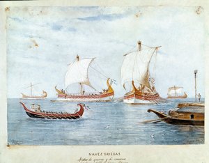 Navios de guerra e comércio grego (aguarela de Unknown artist