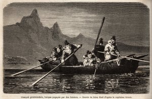 Gronelândia Umyak, tipo de barco operado por mulheres. Gravura para ilustrar a viagem ao mar livre do pólo Ártico, pelo Dr. Hayes, cirurgião da Marinha dos Estados Unidos, em 1860-1862, publicada no "Le tour du monde, nouveau journal des voyages", editado  de Unknown artist