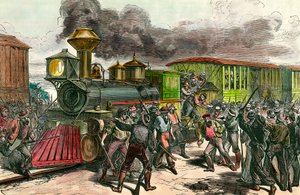 Greve na linha ferroviária que liga Baltimore, Ohio Trabalhadores perseguem maquinistas e engenheiros de um trem em direção a Baltimore. 1877 Século XIX Gravura Coleção Privada de Unknown artist