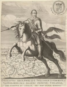 Gustav II Adolf na frente de um mapa da Pomerânia em segundo plano. 1630 de Unknown