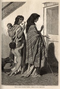 Mulheres e crianças ciganas, em trapos ou semi-nus, a pedir almônias porta-a-porta em Essek (bacia do Danúbio). Gravura para ilustrar as memórias das viagens entre os eslavos do sul, de Georges Perrot, em 1868, publicada em "Le tour du monde" 1870-1871, ed de Unknown artist