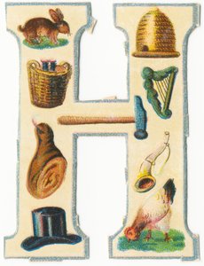 H: lebre, colmeia, cesta de colheita, harpa, martelo, presunto, chifre, chapéu, galinha (cor lito) de Unknown artist