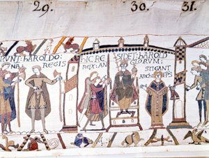 Haroldo II (1022 - 1066) foi proclamado rei na morte de Eduardo, o Confessor, em 1066, mas logo morreu na Batalha de Hastings. Tapeçaria ou bordado Bayeux pela Rainha Mathilde de Unknown artist
