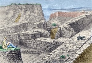 Heinrich Schliemann tirando desenhos das paredes de Troy (Hissarlik) durante as escavações de Unknown artist