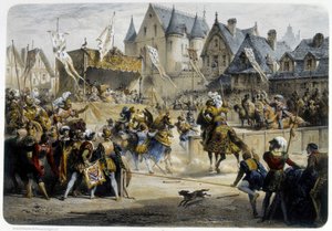 Henri II (1519 - 1559) ferido fatalmente por Montgomery durante o torneio de 29 de Junho de 1559, rue St Antoine, em frente ao Palais des Tournelles - litografia de Unknown artist