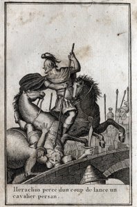 Heraclius I (Flavius Heraclius, Herakleios (cerca de 575-610/641), imperador bizantino, lança um cavaleiro persa (guerra contra os persas), século VII. Gravura em "Beaute de l