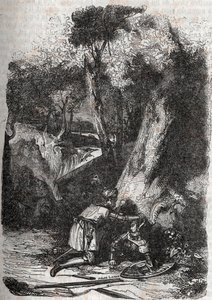 Hermonides derrubada e resgatada por Zerbin - Gravura de 1851 de "Furious Roland" (Orlando furioso) (século XVI) de Ludovico Ariosto, conhecido como Ariosta - Edição traduzida do italiano pelo Conde de Tressan e publicada por Gustave Harvard 1851 de Unknown artist