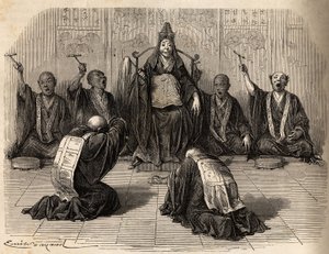 Sumo sacerdote budista sendo adorado, rodeado por seus discípulos ritmando o ritual com gongo e címbalos. Gravura para ilustrar a viagem ao Japão em 1863-1864, de Aime Humbert, ministro da Confederação Suíça, em "Le tour du monde, nouveau journal de Unknown artist