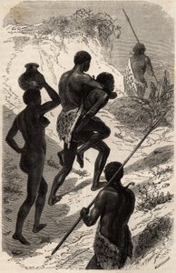 Sua majestade Katchiba numa viagem, líder da tribo Obbos (tribo da região do Nilo Branco), nas costas de um de seus súditos e acompanha sempre outros dois para que sirvam alternadamente de guia e de montaria, uma mulher acompanha-os que veste um de Unknown artist