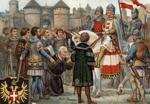 Episódios históricos de cidades famosas: Rodolfo de Habsburgo (Rodolfo I do Sacro Império 1218-1291) tomou posse de Viena (1276). Rodolfo I foi rei dos romanos e, ao tomar posse da cidade de Viena, fundou o poder dos Habsburgos. Chromol de Unknown artist