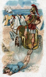 História da vida de Aquiles, heróis lendários da Guerra de Tróia: Aquiles drena o corpo de Hector atrás do seu tanque. Cromolitografia de 1890. de Unknown artist