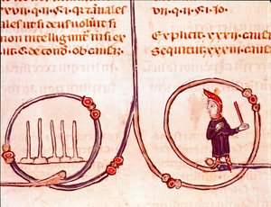 História do Direito Canónico: "O jogo de boliche" Miniatura tirada do "Decret de Gratien" ("Concordia discordantium canonum" ou "Decretum Gratiani") datada de 1140 e regulando as leis e cânones da Igreja Católica Romana. Século XIII Laon, de Unknown artist