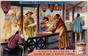 História do Papel. 4. Comércio do papel em Samarkand (= Samarkand) (Turquestão). Cromolitografia de Liebig de Unknown artist