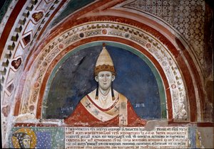 História de São Francisco de Assis: representação do Papa Inocêncio III, mostrando a bolha que confirma a regra franciscana em 1210 (fresco) de Unknown artist