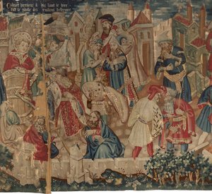 História de Saint Piat e Saint Eleuthère, Cena 4: Hirineus está a destruir o ídolo do povo Tournai de Unknown artist