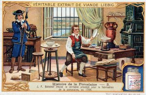História da porcelana: Johann Friedrich Bottger (Bottcher ou Bottiger) (1682-1719) encontra o verdadeiro método para fazer porcelana em 1709 - Liebig chromolithography de Unknown artist