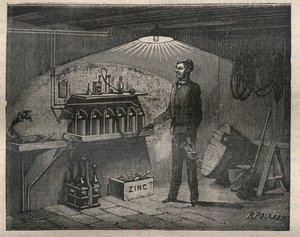 Home Electricite: Instalação da bateria inventada pela Radiguet numa cave - Gravação em "La Science francaise de Unknown artist